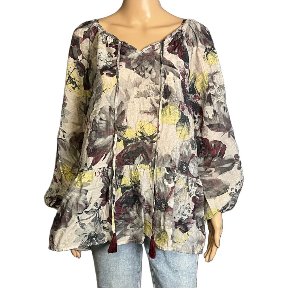 Mystree Floral Boho Puff Sleeve Rayon Blouse Size Small Medium